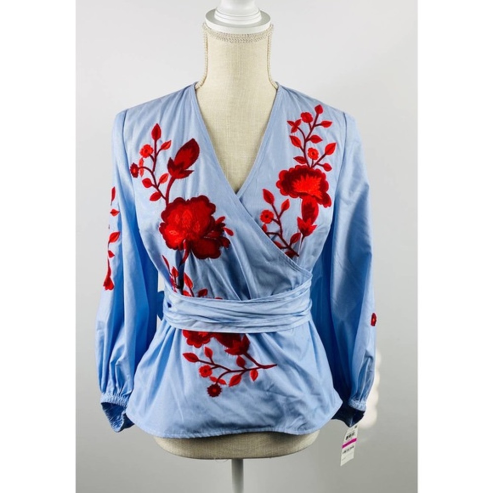 INC Women’s blouse blue and white lined with red flowers embroidered XS